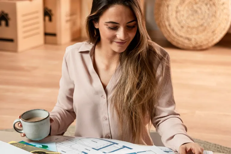 Interior designer reviewing a detailed project budget covering materials, furniture, lighting, labour, and design services